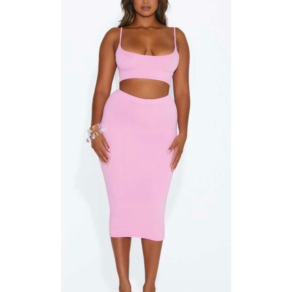 Naked Wardrobe Pink Bodycon Midi Skirt Xl Curve-Hugging Stretch Minimalist Chic